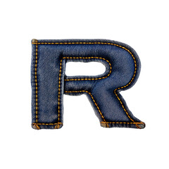 Letter R styled like denim, with blue jean texture, orange stitching, and metal rivets. Looks soft and padded, mimicking classic jeans construction