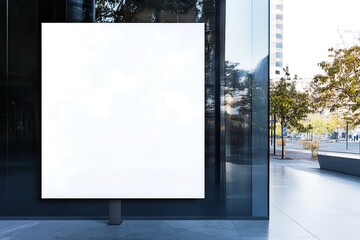 Blank advertising billboard in urban setting with modern architecture and greenery (1)