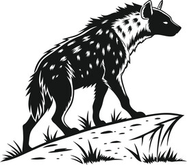 Black & White Hyena Standing Proudly on Rock, Monochromatic Predator