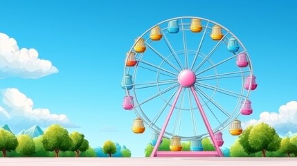 Colorful Illustrative Line Art Ferris Wheel Under Bright Blue Sky with Fluffy Clouds and Green Trees