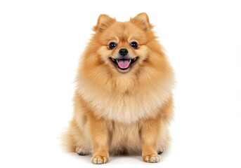 Obraz premium A fluffy pomeranian dog sitting and smiling on a white background looking directly at the camera