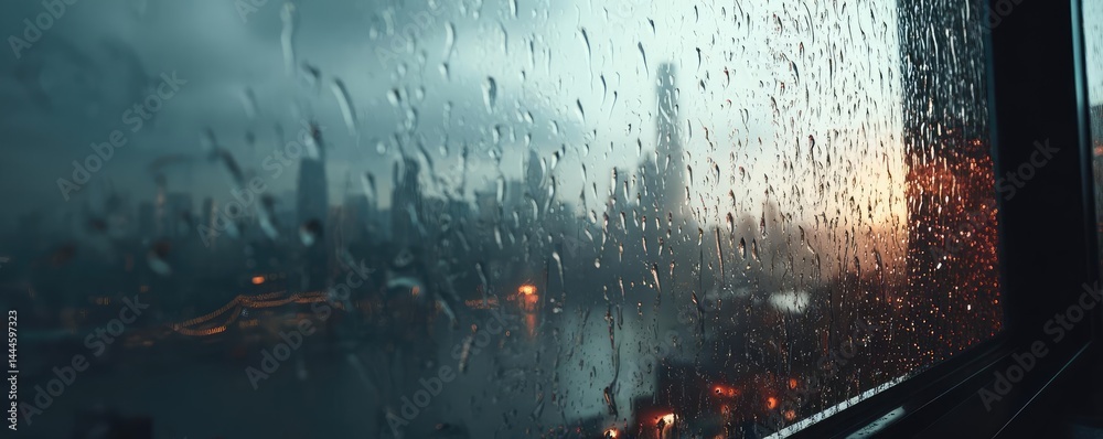 Poster raindrop on a window combining rain, mood, and urban pattern concept. city skyline viewed through a 