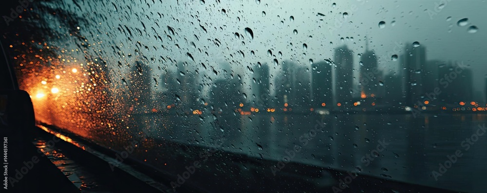 Poster Raindrop on a window combining rain, mood, and urban pattern concept. A rainy cityscape view through a wet window at twilight.