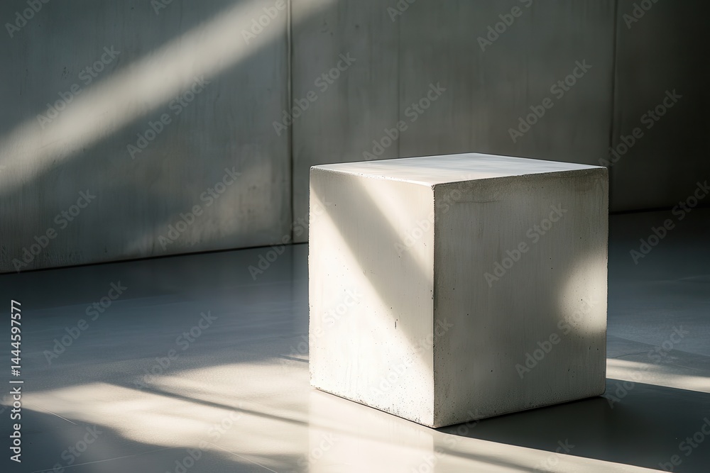 Poster monochrome composition featuring a neutral cube bathed in light, set against a textured wall for min