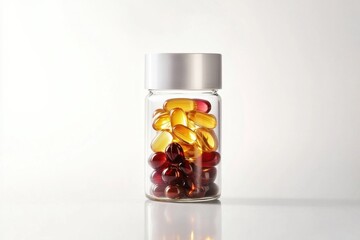Glass jar filled with red and yellow gelatin capsules, embodying health and wellness on a clean, bright background. Vitamins and supplements.