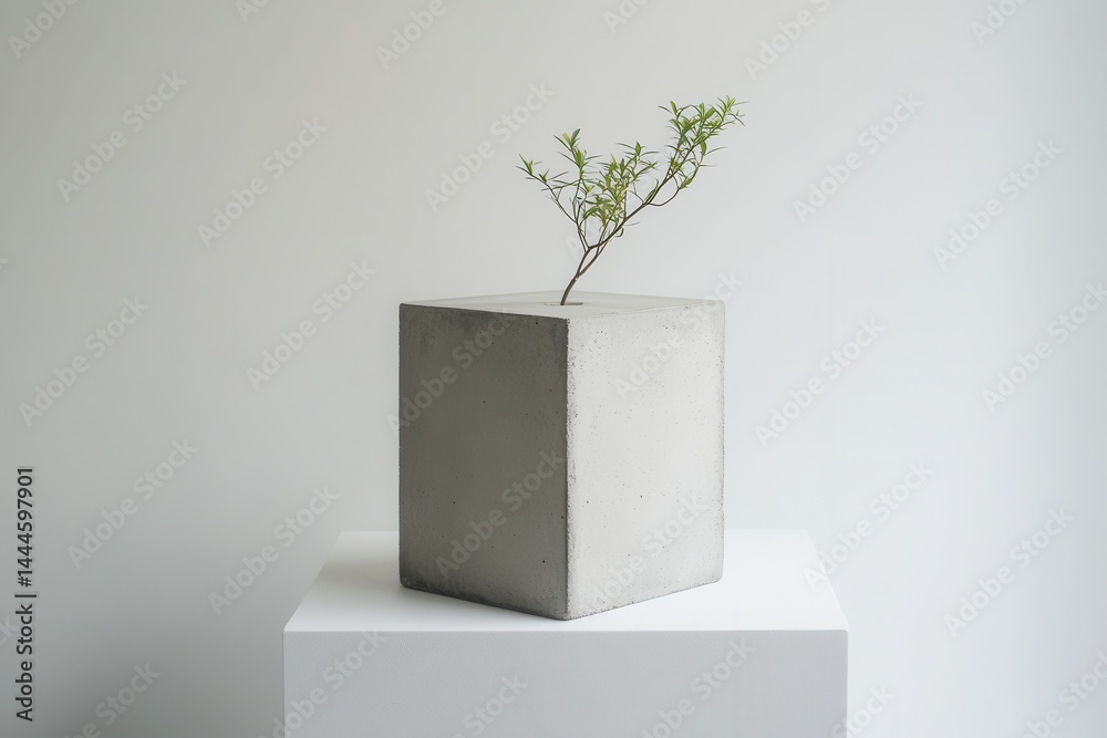 Poster concrete cube planter: small branch sprouts in a minimalist, modern display. stylish, cool and colle