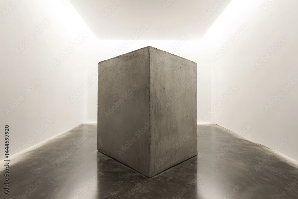 Poster Solid concrete block in a white room, minimalist and modern. It is a strong shape in a sleek and reflective space.