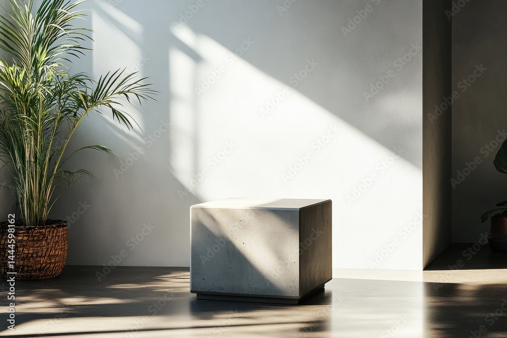 Poster minimalist interior featuring a concrete cube stool bathed in sunlight, complemented by a potted pal