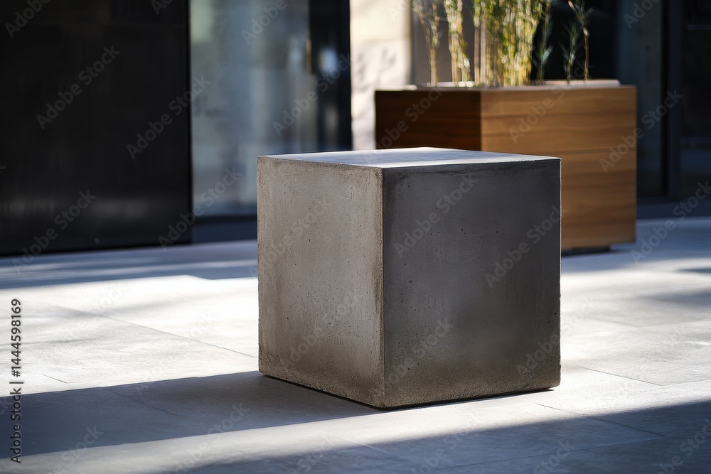 Poster minimalist concrete cube: a geometric sculpture in an urban space, bathed in sunlight and shadow, cr