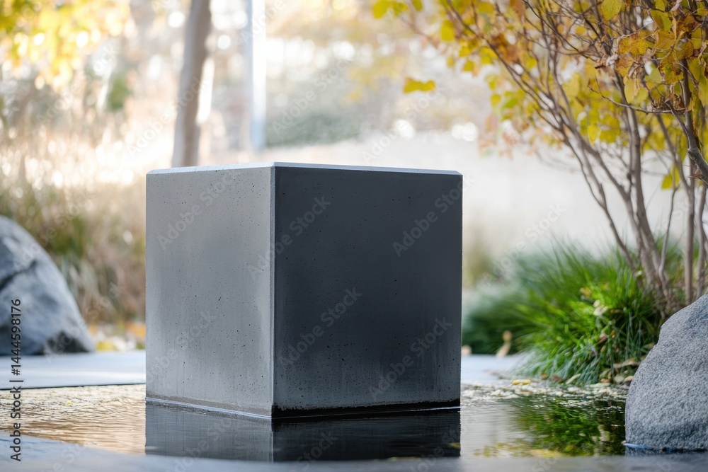 Leinwandbilder monochrome cube resting in shallow water, creating serene reflections against a natural backdrop. mi