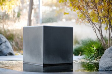 Monochrome cube resting in shallow water, creating serene reflections against a natural backdrop. Minimalist design meets nature.