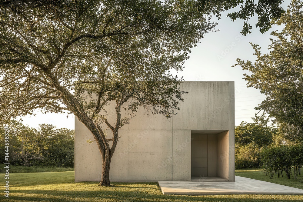 Poster Monolithic structure juxtaposed with nature's organic forms, emphasizing the contrast between architecture and the surrounding greenery.