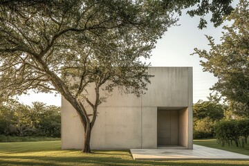 Obraz premium Monolithic structure juxtaposed with nature's organic forms, emphasizing the contrast between architecture and the surrounding greenery.