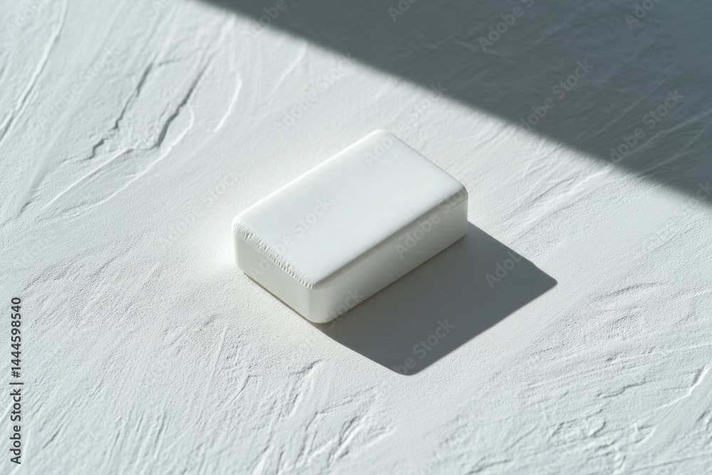 Poster Simple, minimal white object on textured surface, bathed in soft sunlight creating stark shadows for a clean, serene aesthetic.