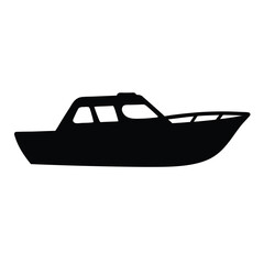 Black Silhouette of a Motorboat on White Background A Simple Illustration of a Small Cabin Cruiser Boat