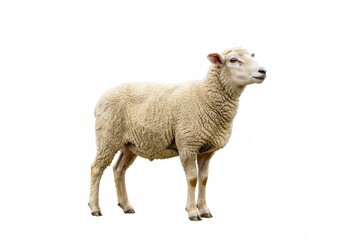 Naklejka premium A single sheep standing on a white background in a studio shot with its woolly coat visible clearly