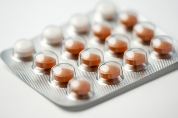 A sheet of medicine with rows of white and reddish-brown round pills in clear plastic packaging sits against a stark white background.
