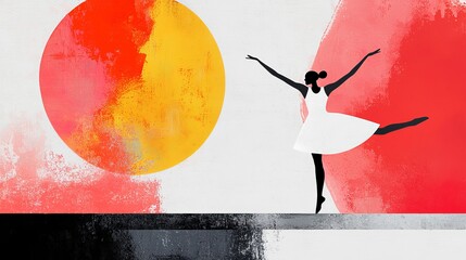 Illustrative Line Art of a Graceful Gymnast Performing Against a Colorful Abstract Background with Sun