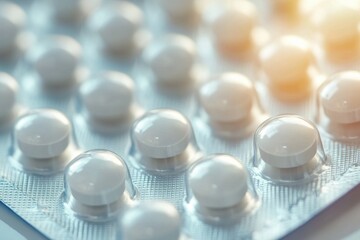 Close-up of white pills in blister pack, symbolizing healthcare and medication management. The clean aesthetic conveys health and well-being.