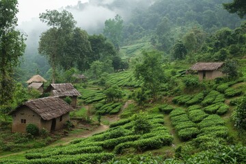 Lush Green Tea Plantation: Serene hillside landscape with vibrant tea bushes and rustic buildings in a tranquil, misty environment.