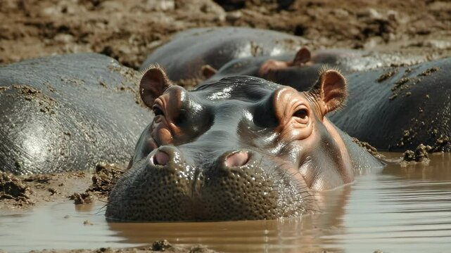 Close-up portrait of several large, gray hippopotamuses wallowing in shallow, muddy water during the day, looking directly towards the viewer.
