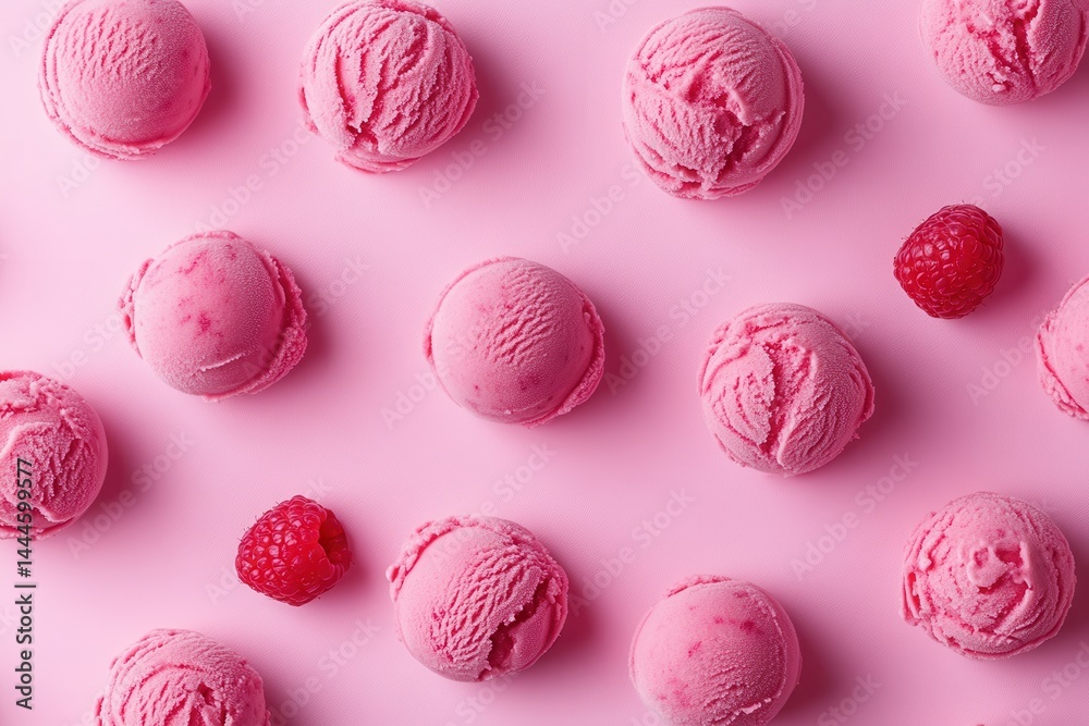 Poster a delightful array of pink ice cream scoops and fresh raspberries, creating a vibrant and sweet trea