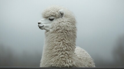 Obraz premium White Alpaca in Foggy Field