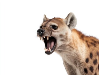 Fototapeta premium Close-up of a spotted hyena's head, mouth open in a menacing growl
