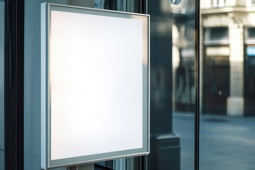 Blank advertising display in urban setting with glass reflections and city background