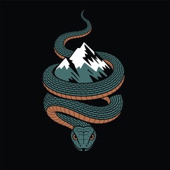 Obraz premium A snake with a mountain on its back. The mountain is covered in snow. The snake is curled up and he is angry