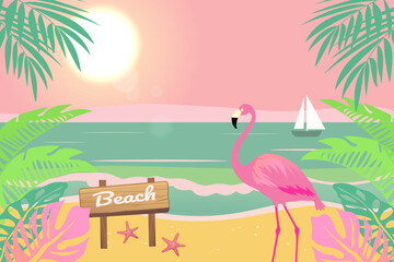 Tropical beach with flamingo, palm trees and boat. Paradise beach with pink flamingo, starfish, tropical leaves and sailboat. Vector illustration of sandy beach for design.