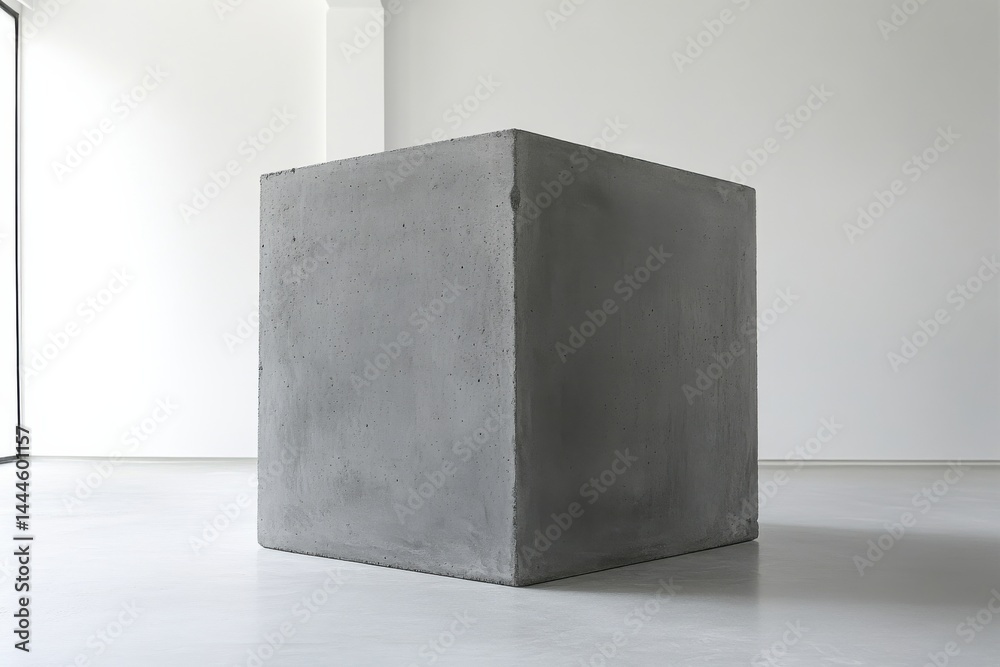 Poster An abstract composition of a monochromatic cube in an empty white room, a study in form, texture, and minimalism, artistic statement.
