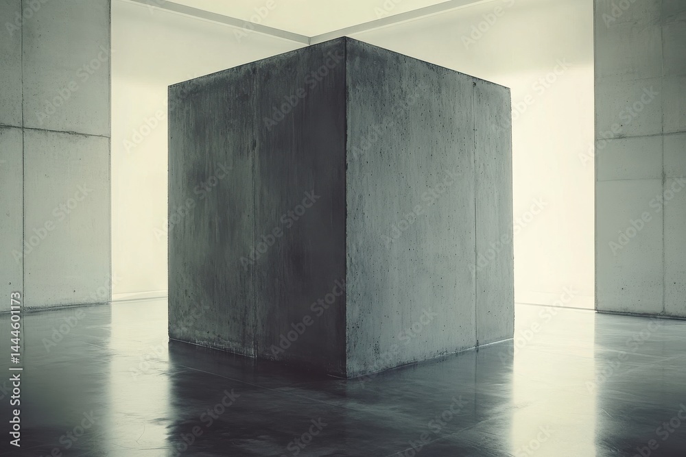 Aufkleber Monolithic Cube: A study in texture, form, and light within a minimalist architectural space, challenging perception and inviting introspection.