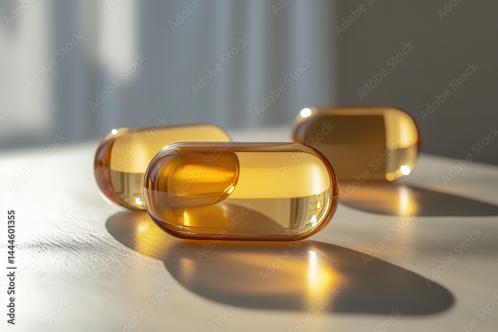 Poster three sleek, amber-colored glass vases arranged on a tabletop, bathed in warm light creating reflect