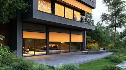 3D illustration of a modern house with terrace featuring window roller shades