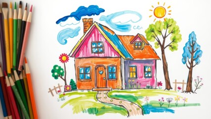 Fototapeta premium A colorful child's drawing depicts a whical two-story house with a vibrant garden and cheerful sun.