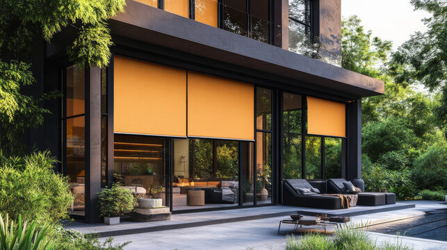 3D illustration of a modern house with terrace featuring window roller shades