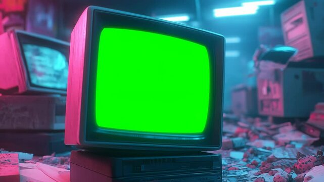 Old television screen powers up with green display in a cluttered retro environment at night, green screen
