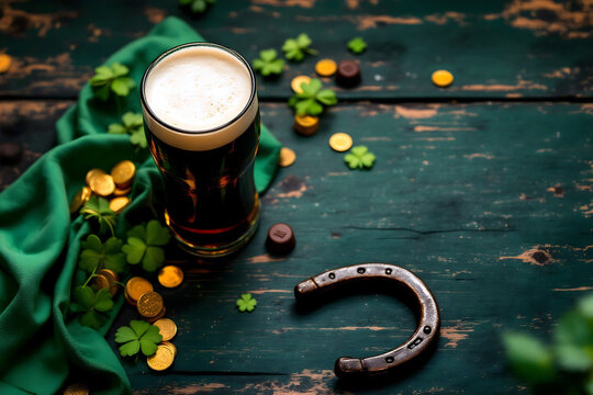St. Patrick's Day Concept with Beer and Shamrocks on Wooden Table
