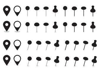 シンプルなピンのイラストセット　黒　地図　マップ　画鋲　アイコン