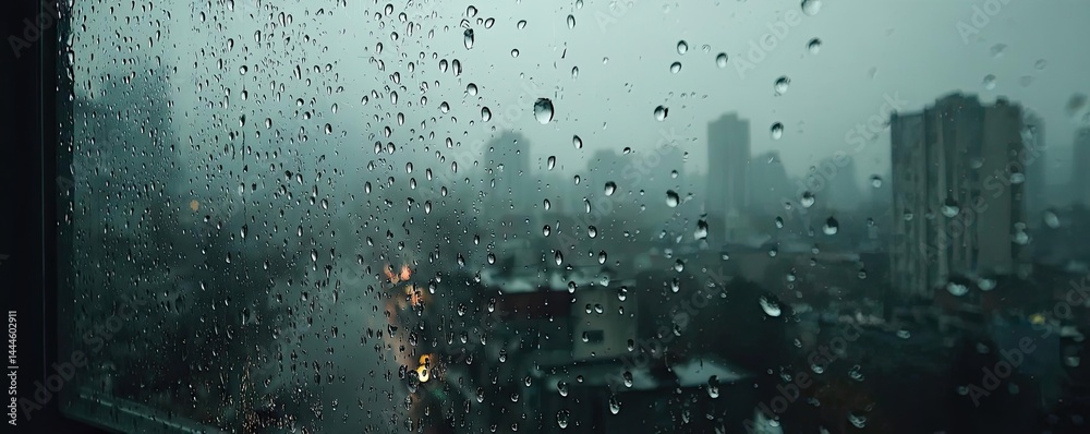 Poster raindrop on a window featuring sad city mood and water texture concept. raindrops on glass with city