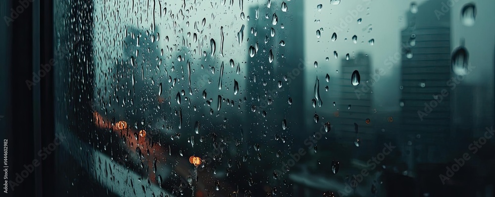 Poster raindrop on a window featuring sad city mood and water texture concept. raindrops on a window pane o