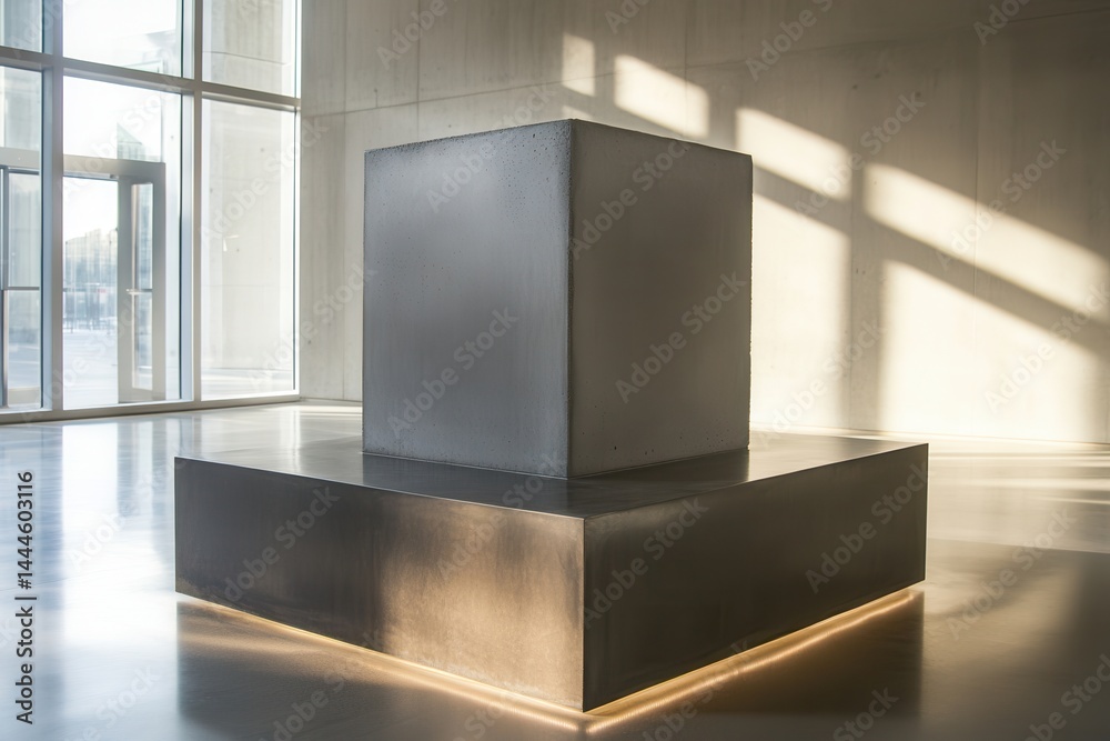 Poster minimalist cube sculpture on platform in modern, sunlit space. geometric shapes and light interplay 