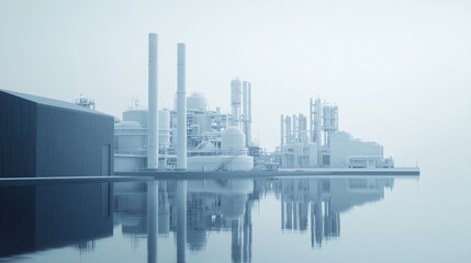 Obraz premium A serene industrial landscape with factories reflected in calm water under a hazy sky.