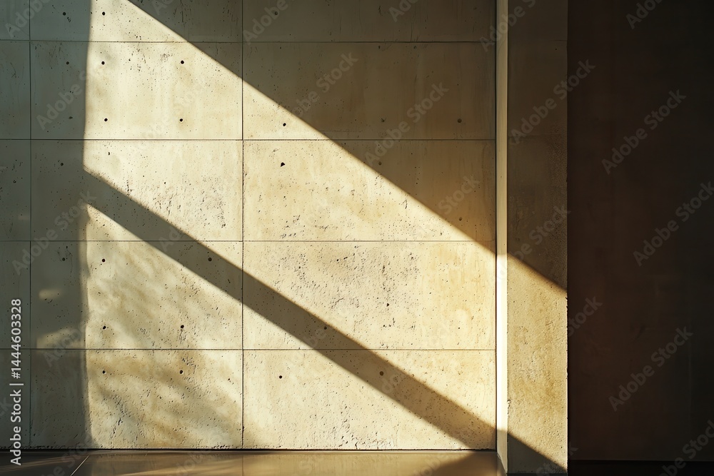 Poster Interior concrete wall illuminated by strong sunlight casting distinct shadow patterns. Architecture detail highlighting form and texture.
