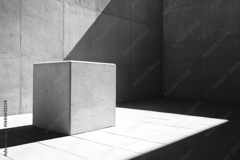 Poster monochrome image featuring a solitary concrete cube bathed in light within a stark, minimalist archi