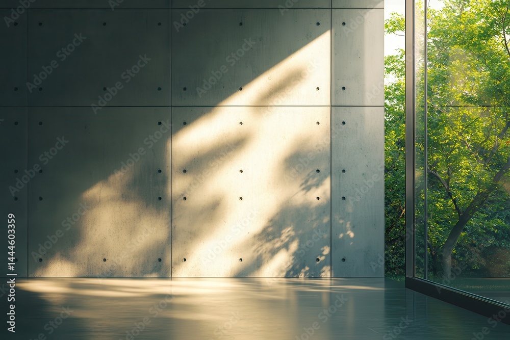 Poster Light streams into a minimalist room with concrete walls, illuminating the shiny floor and connecting the indoors with the green outdoors.