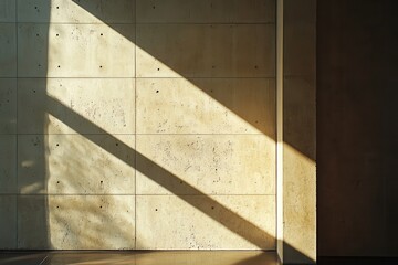 Fototapeta premium Interior concrete wall illuminated by strong sunlight casting distinct shadow patterns. Architecture detail highlighting form and texture.