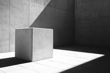 Monochrome image featuring a solitary concrete cube bathed in light within a stark, minimalist architectural space.