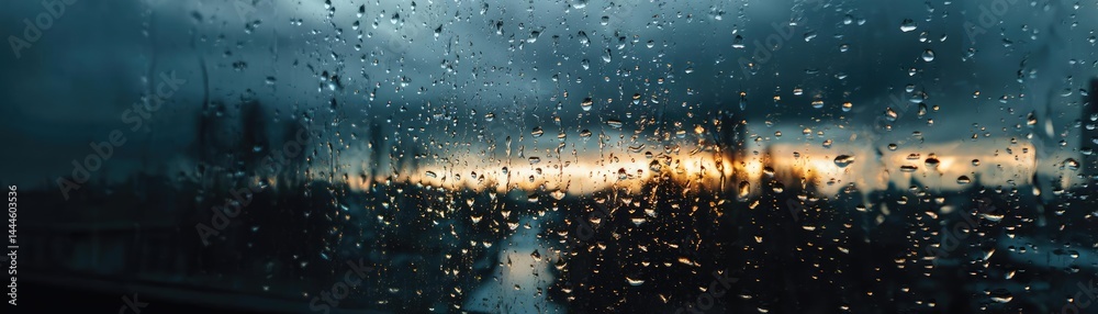 Poster raindrop on a window showing city landscape and emotional texture concept. dramatic sunset view thro